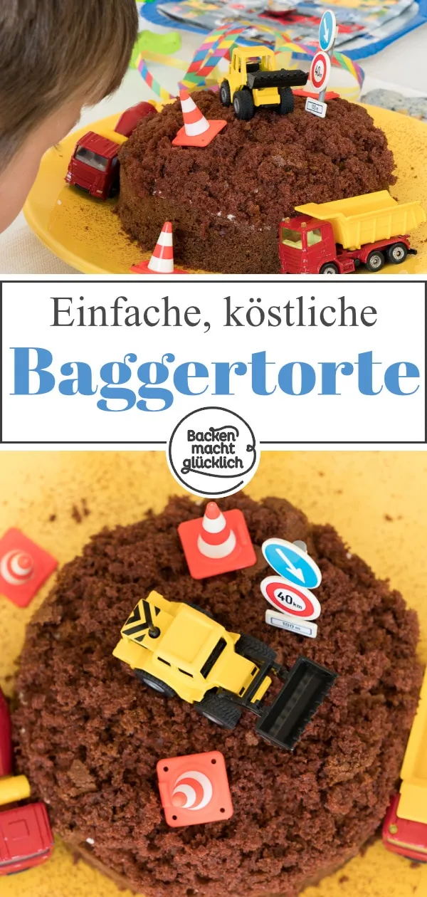 Ein detailreicher Blick auf die "Erde" aus Kuchenkrümeln und einen kleinen Spielzeugbagger, der auf dem Baustellenkuchen arbeitet.
