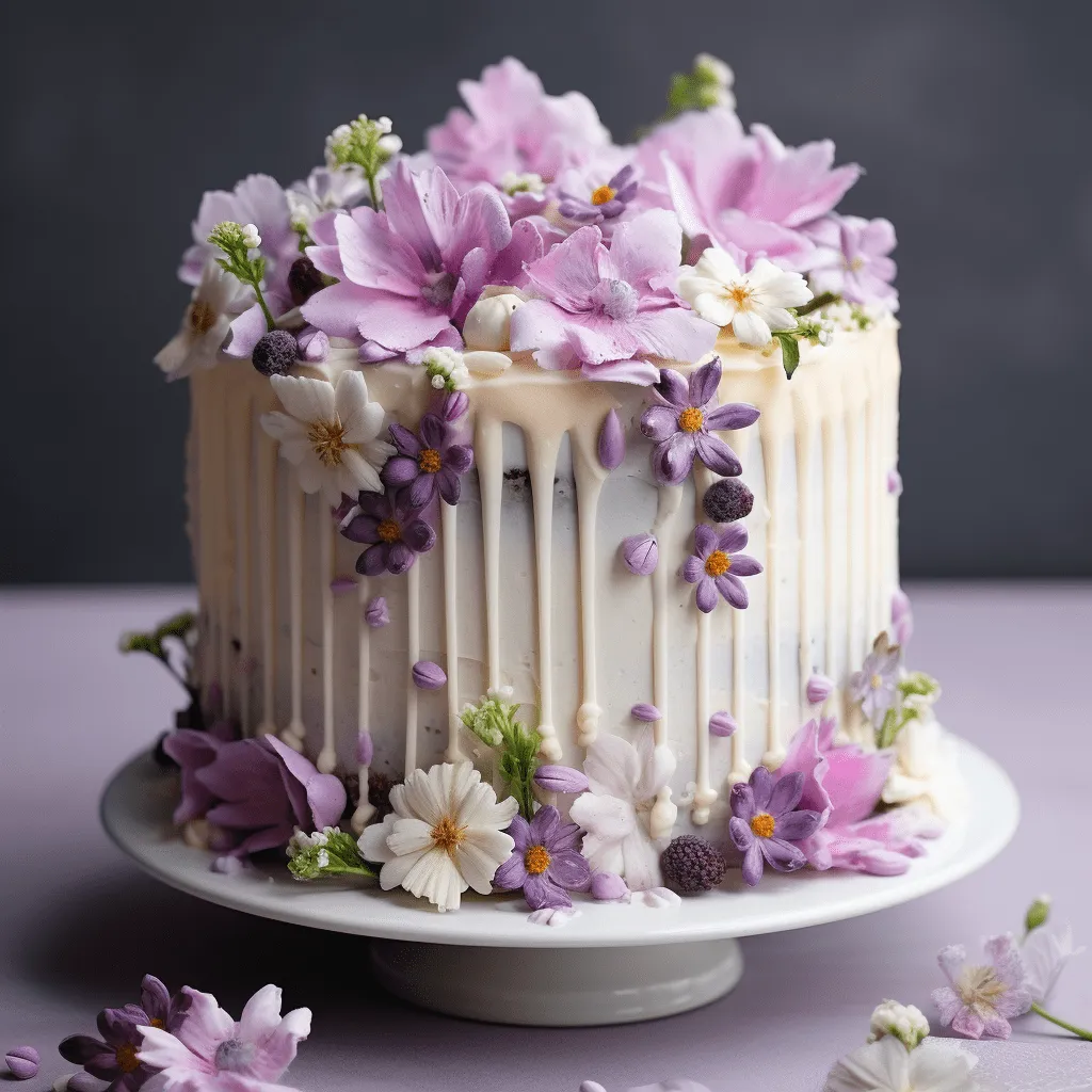 Ein elegant dekorierter Geburtstagskuchen ohne Fondant, verziert mit kunstvollen Buttercreme-Blüten in verschiedenen Pastelltönen, die Frische und Raffinesse ausstrahlen.