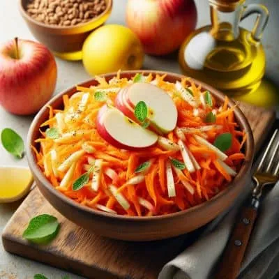Ein farbenfroher Möhren-Apfel-Salat in einer Schüssel, bereit zum Verzehr