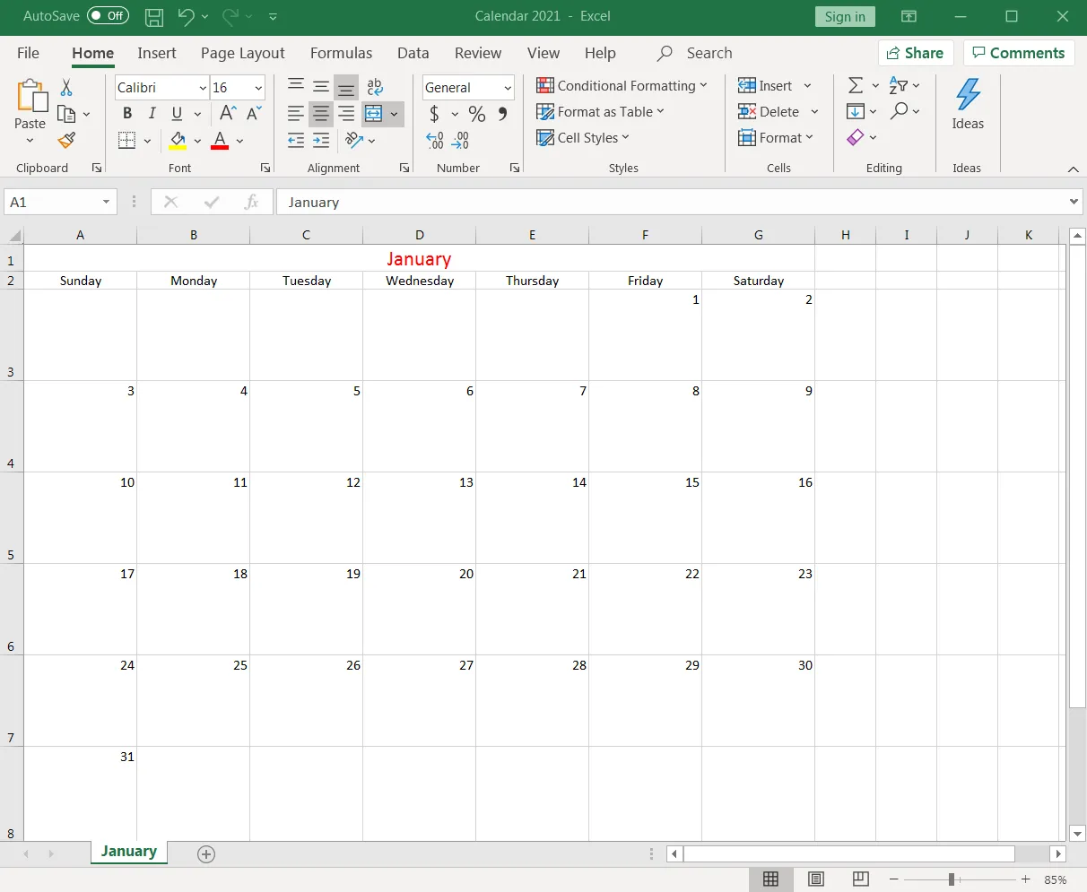 Ein fertig formatierter Januar-Kalender in Excel