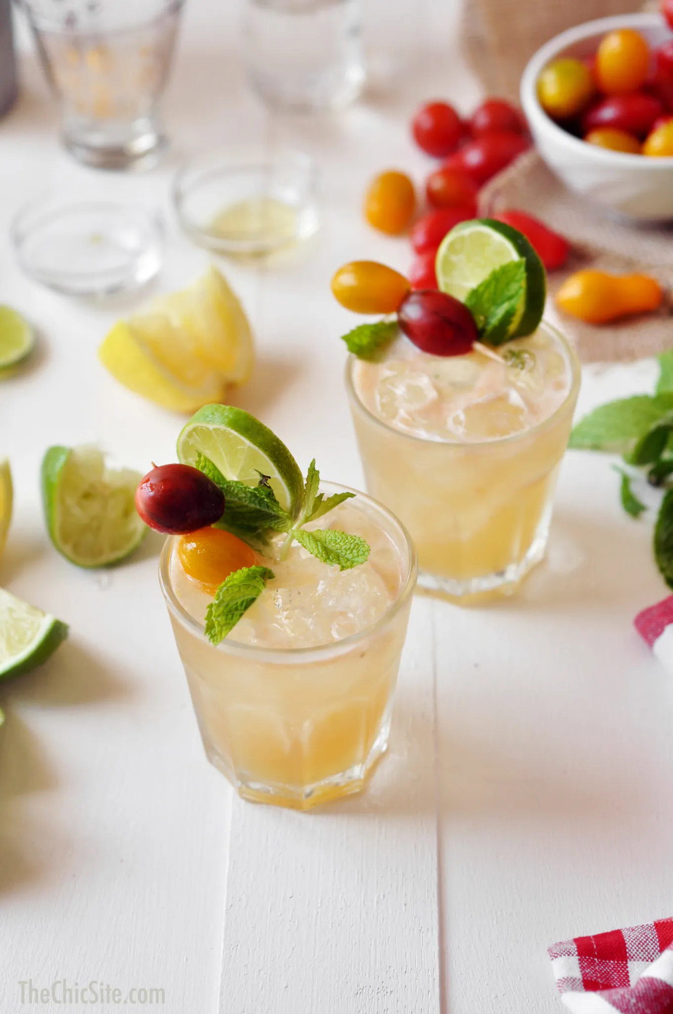 Ein fertig gemixter Tomaten Mojito in einem kurzen Glas, garniert mit Minze und Kirschtomaten am Spieß