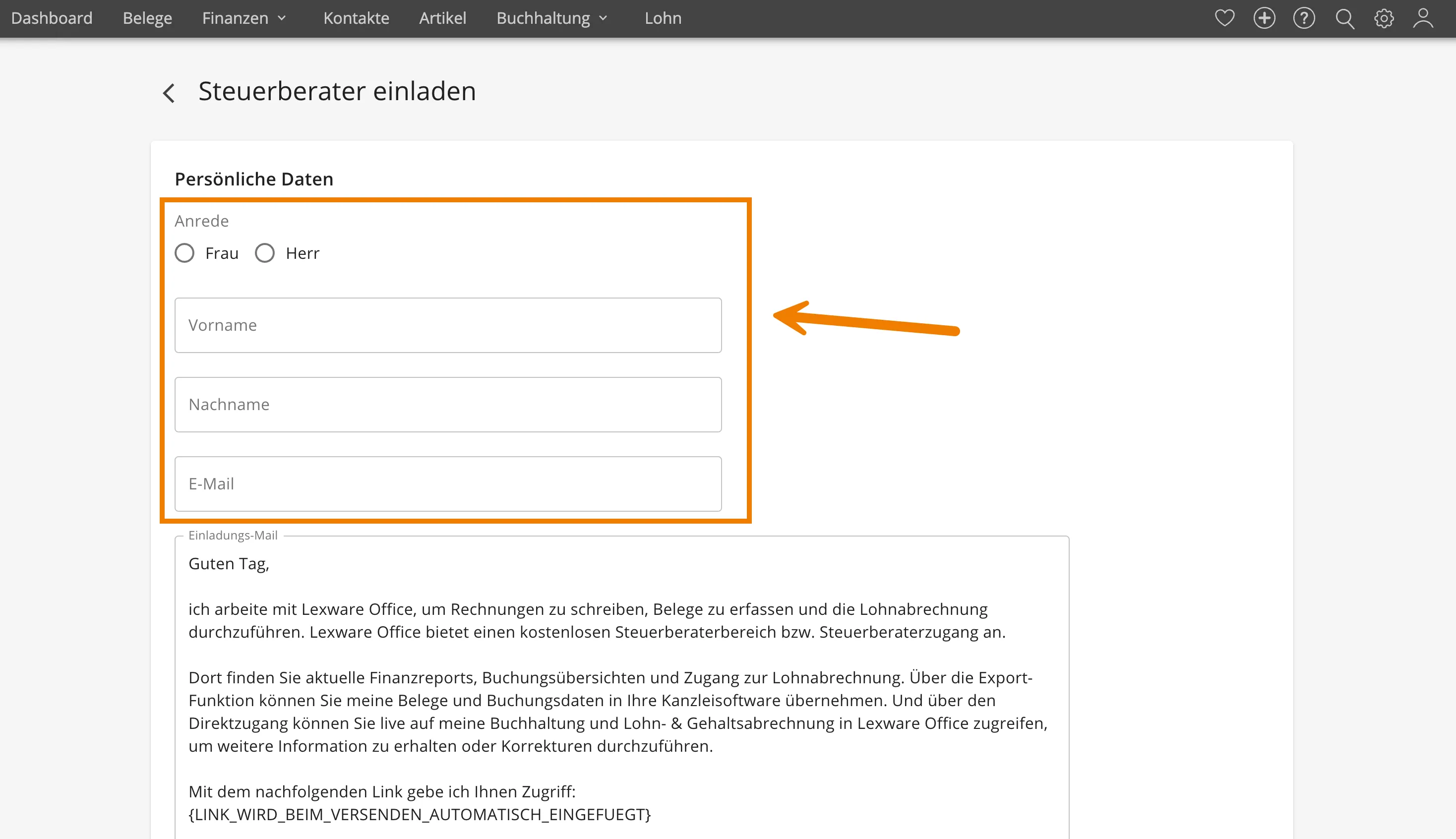 Ein Formular zur Eingabe persönlicher Daten für die Steuerberatereinladung in lexoffice.