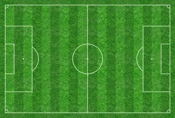 Ein Fußballfeld mit grünem Rasen und weißen Linien, die das Spielfeld markieren.