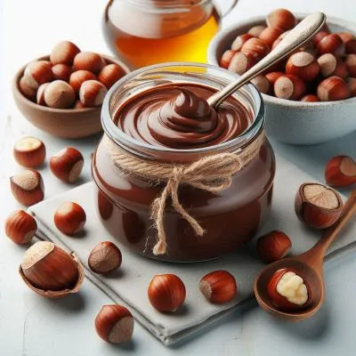Ein Glas selbstgemachtes Nutella ohne Zucker, daneben eine Haselnuss und ein Löffel