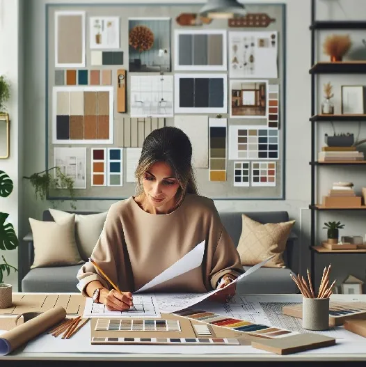 Ein Innenarchitekt präsentiert auf einem Tablet Entwürfe für ein modernes Wohnzimmer.