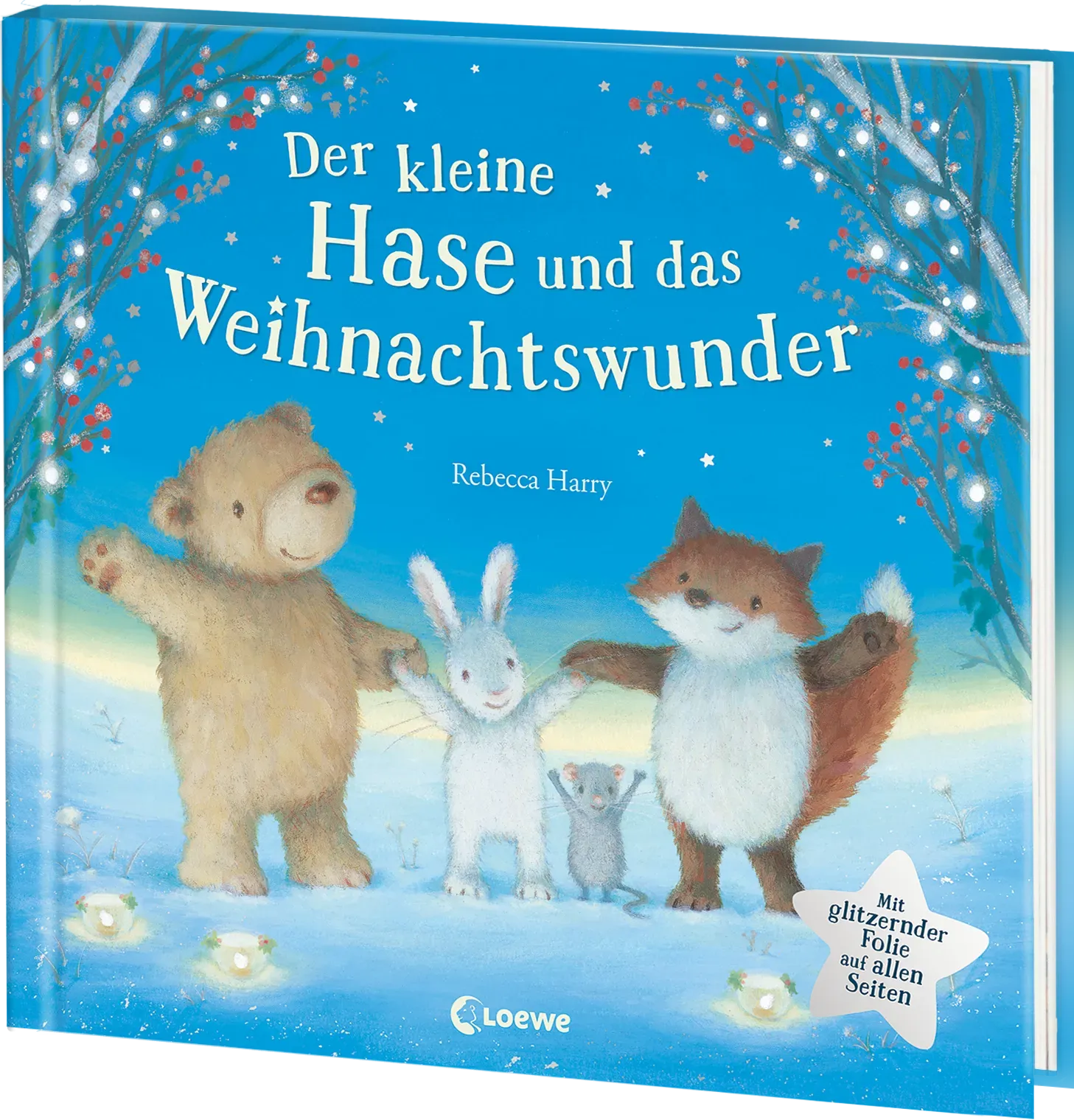 Ein liebevoll gestaltetes Buchcover mit einem kleinen Hasen, der mit einem festlich geschmückten Schlitten durch den Schnee fährt