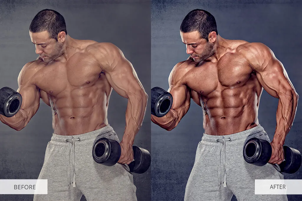 Ein Model mit betonten Muskeln durch die Dodge & Burn-Technik, die Licht und Schatten hervorhebt