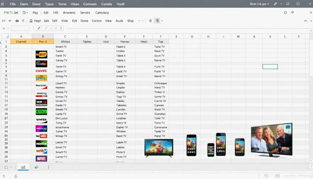 Ein modernes Smart TV-Gerät, auf dessen Bildschirm eine personalisierte TV-Senderliste angezeigt wird, die mittels einer Excel-Vorlage erstellt wurde. Die Liste ist übersichtlich und gut lesbar, möglicherweise mit farbigen Icons für die Senderlogos.