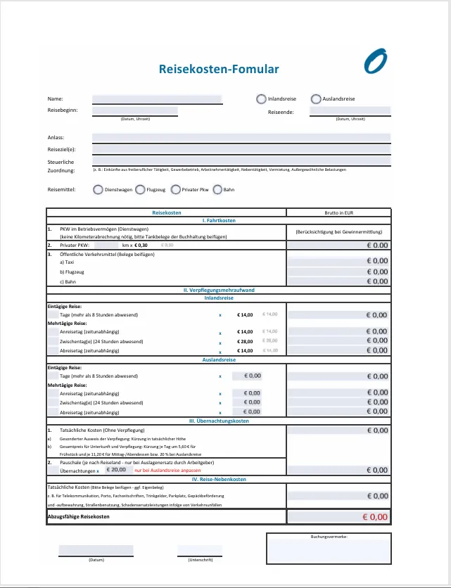 Ein Muster einer Reisekostenabrechnung mit verschiedenen Feldern für Angaben wie Datum, Zweck und Kosten.