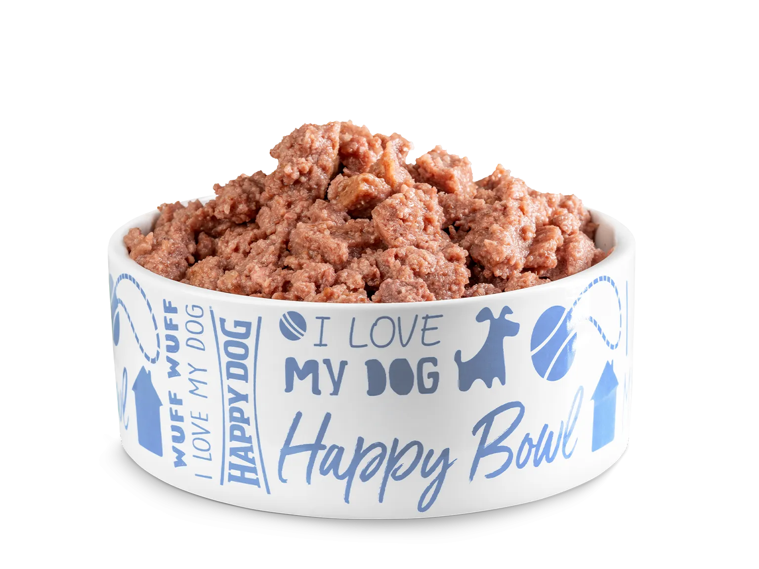 Ein Napf gefüllt mit stückigem Hundefutter. Der Napf ist bedruckt mit blauem Text und Motiven, darunter „I love my dog“ und „Happydog“.