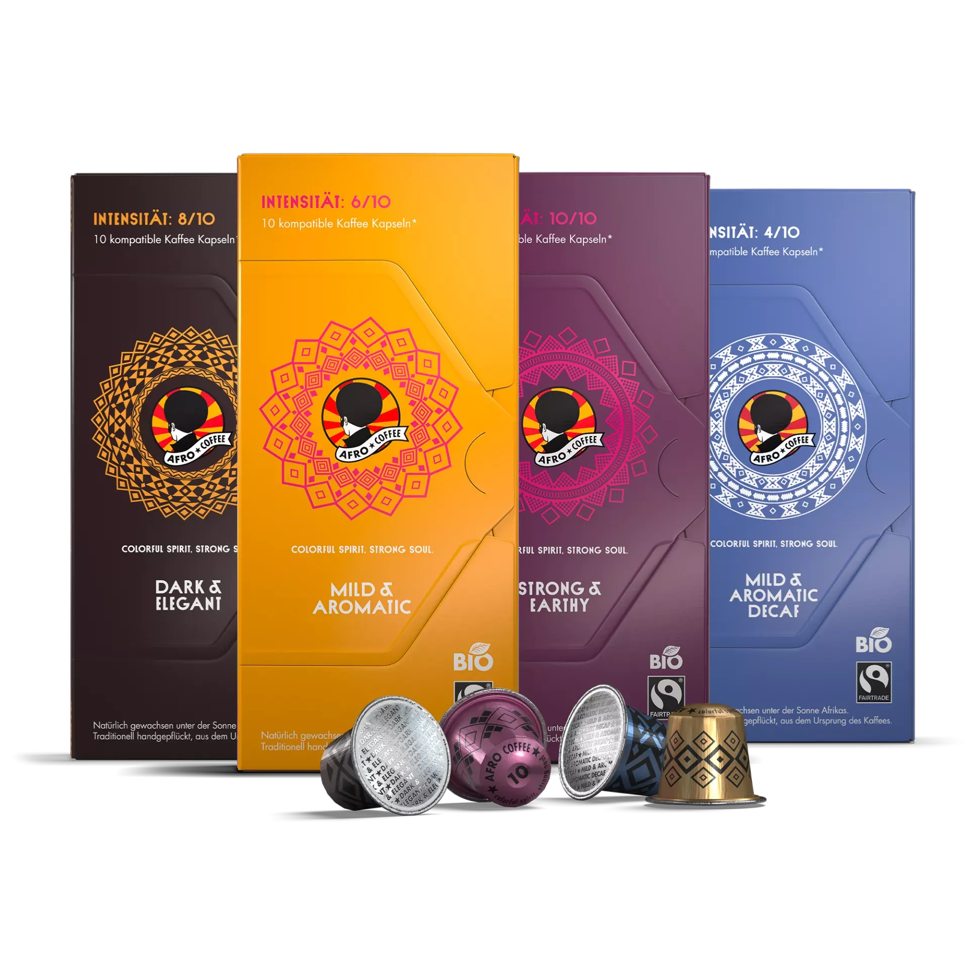 Ein Probierset von Afro Coffee Kaffeekapseln inklusive einer koffeinfreien Variante