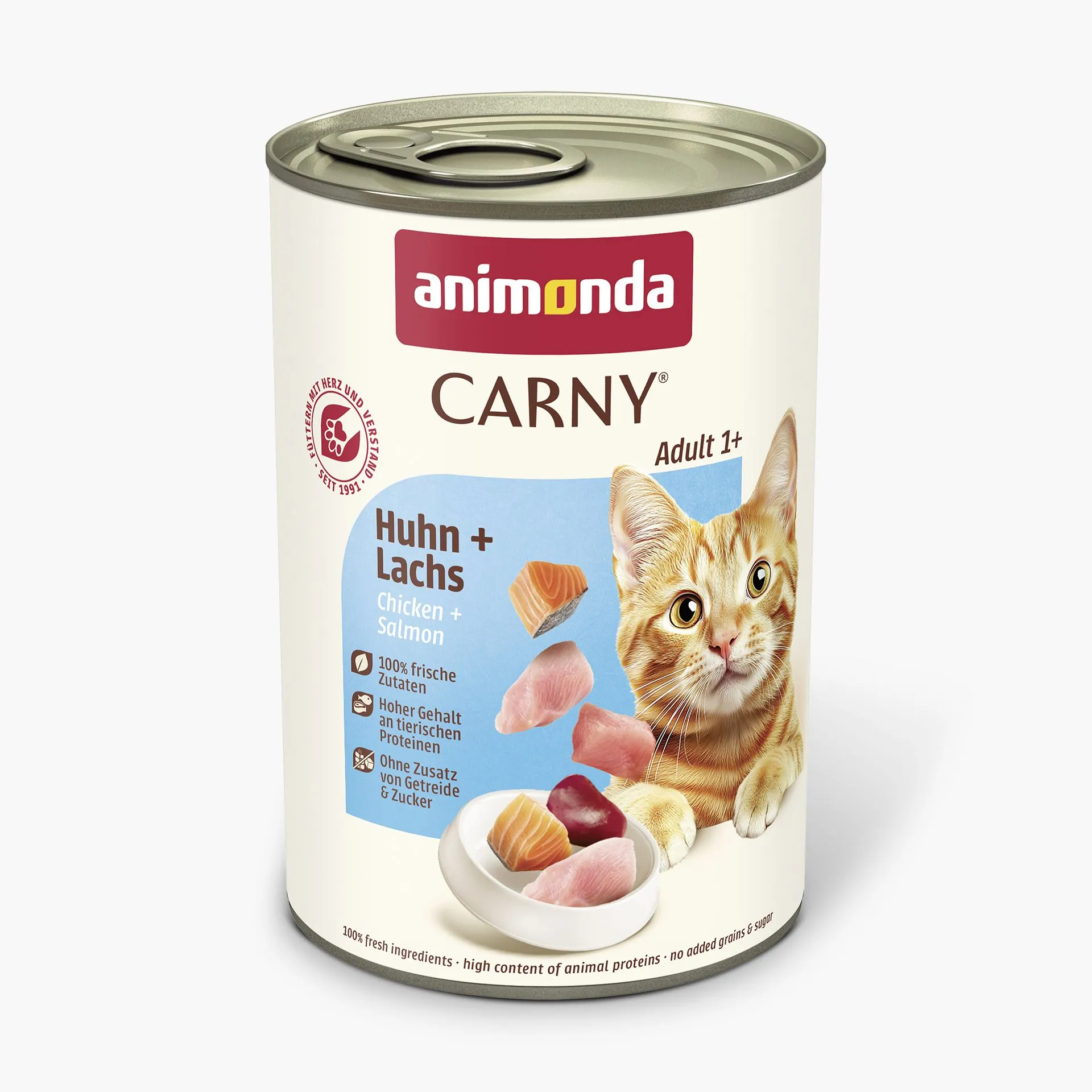 Ein Produktbild von Carny Adult Huhn + Lachs Nassfutter in der 400g Dose, bereit für den Verzehr