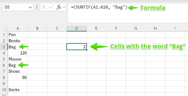 Ein Screenshot demonstriert die ZÄHLENWENN-Funktion, um Zellen zu zählen, die ein spezifisches Wort wie "Bag" enthalten, und zeigt ein Ergebnis von 1.