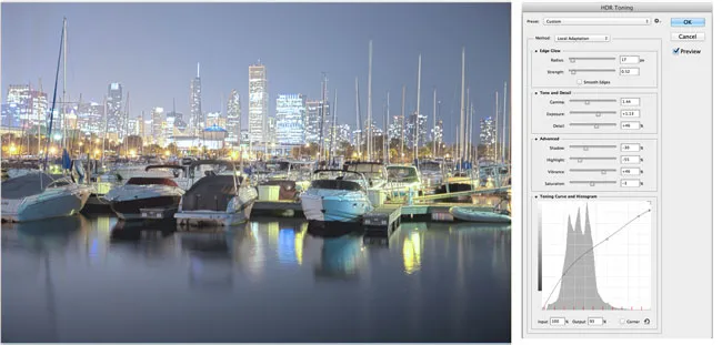 Ein Screenshot des Dialogfelds „HDR-Tonung“ in Photoshop, das die Einstellungen für „Lokale Adaption“ mit Reglern für Kanten-Glühen, Ton und Detail sowie erweiterte Optionen zeigt.