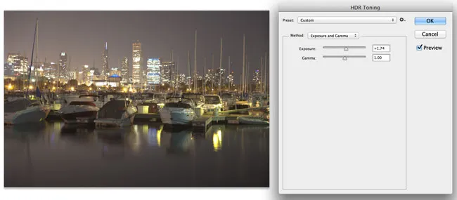 Ein Screenshot des Dialogfelds „HDR-Tonung“ in Photoshop, das die Optionen „Belichtung“ und „Gamma“ zeigt.
