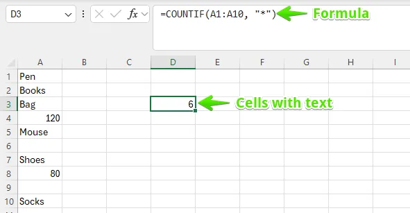 Ein Screenshot zeigt die Anwendung der ZÄHLENWENN-Funktion, um Zellen mit Text zu zählen, wobei das Ergebnis 6 ist.