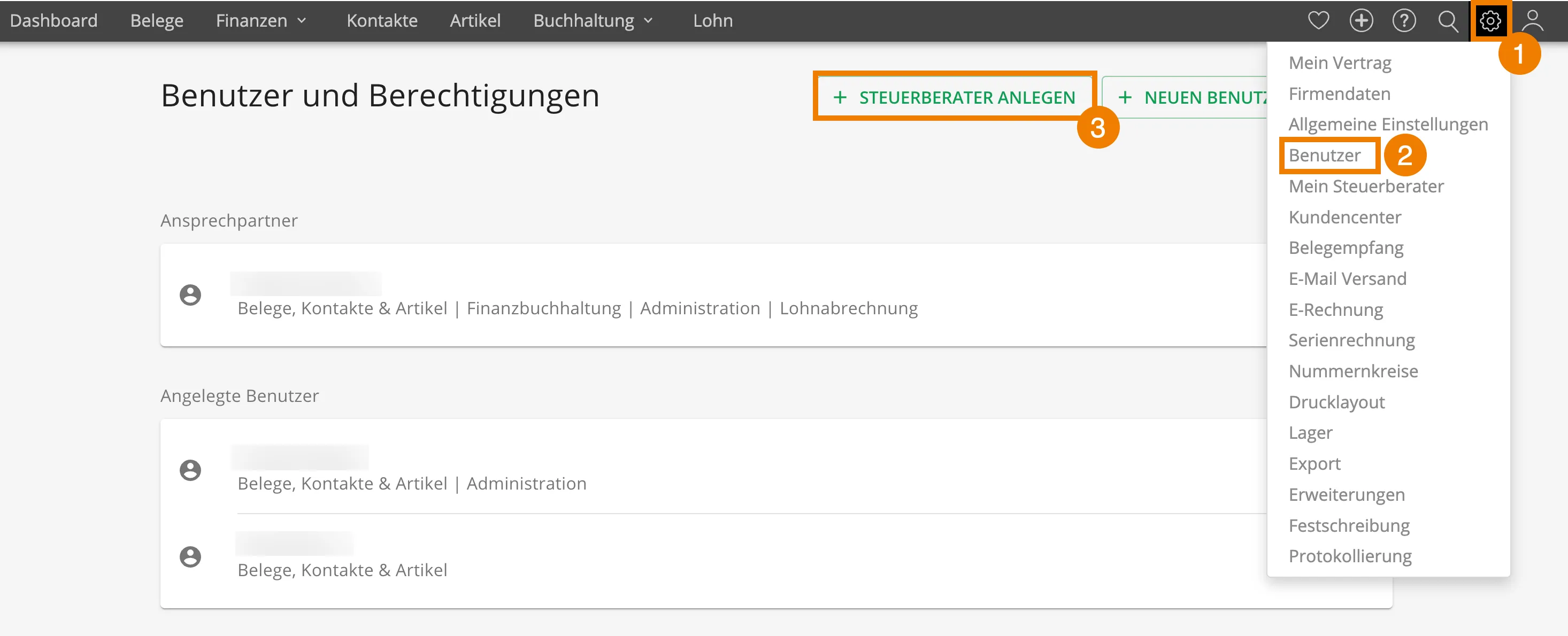 Ein Screenshot zeigt die Benutzerverwaltung in lexoffice mit der Option "Steuerberater anlegen".