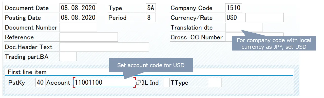 Ein Screenshot zeigt die Eingabe der Fremdwährung USD im Kopfbereich des F-02 Transaktionscodes