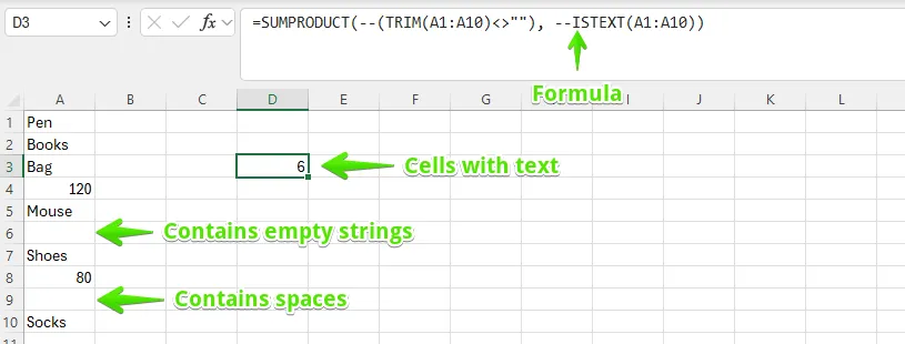 Ein Screenshot zeigt die SUMMENPRODUKT-Funktion, die in Kombination mit GLÄTTEN und ISTEXT verwendet wird, um Zellen mit echtem Text zu zählen und leere Zeichenfolgen oder Leerzeichen zu ignorieren.
