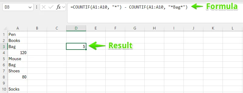 Ein Screenshot zeigt die ZÄHLENWENN-Funktion, die verwendet wird, um Zellen mit Text zu zählen, aber solche auszuschließen, die ein spezifisches Wort wie "Bag" enthalten, was zu einem Ergebnis von 5 führt.