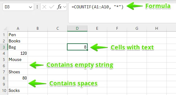 Ein Screenshot zeigt, wie die ZÄHLENWENN-Funktion auch als Text formatierte Zahlen zählt, was zu einem potenziell unerwünschten Ergebnis führen kann.