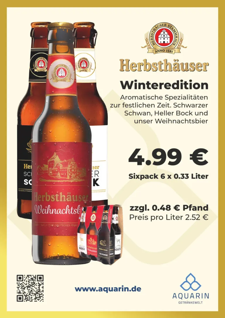 Ein Sortiment von Herbsthäuser Bieren in Flaschen und Gläsern präsentiert