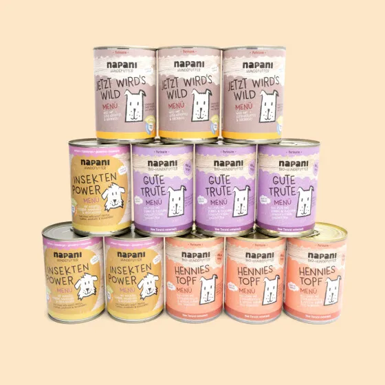 Ein Sparpaket mit verschiedenen purinarmen Menüs für Hunde.