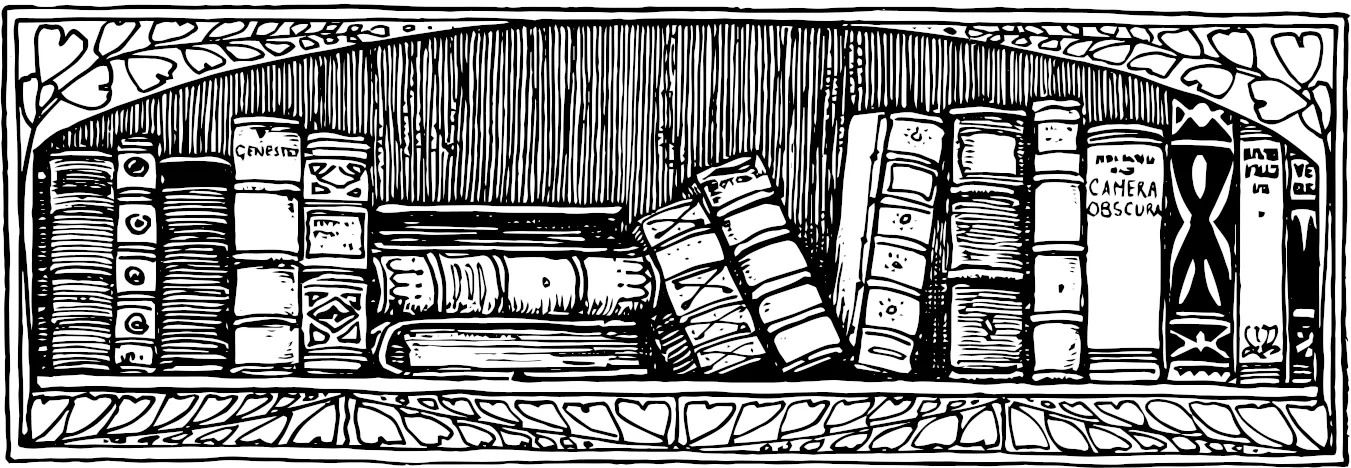 Ein stilisiertes Bücherregal mit dicken, alten Büchern und Folianten in warmen Farbtönen