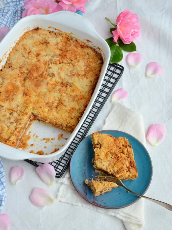 Ein Stück Böhmischer Apfelkuchen auf einem Teller neben der Backform, von oben fotografiert