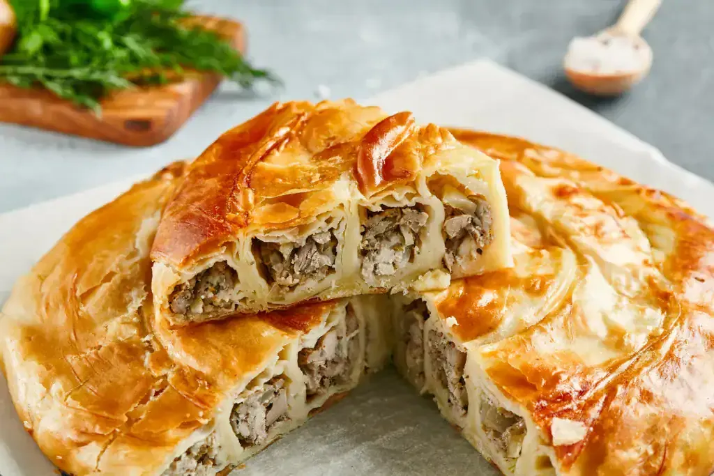 Ein Stück Byrek, knuspriges Blätterteiggebäck, gefüllt mit Fleisch oder anderen Zutaten.