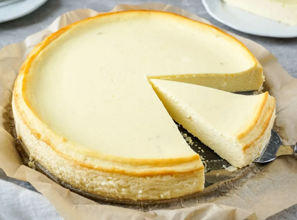 Ein Stück cremiger Käsekuchen ohne Boden auf einem Teller