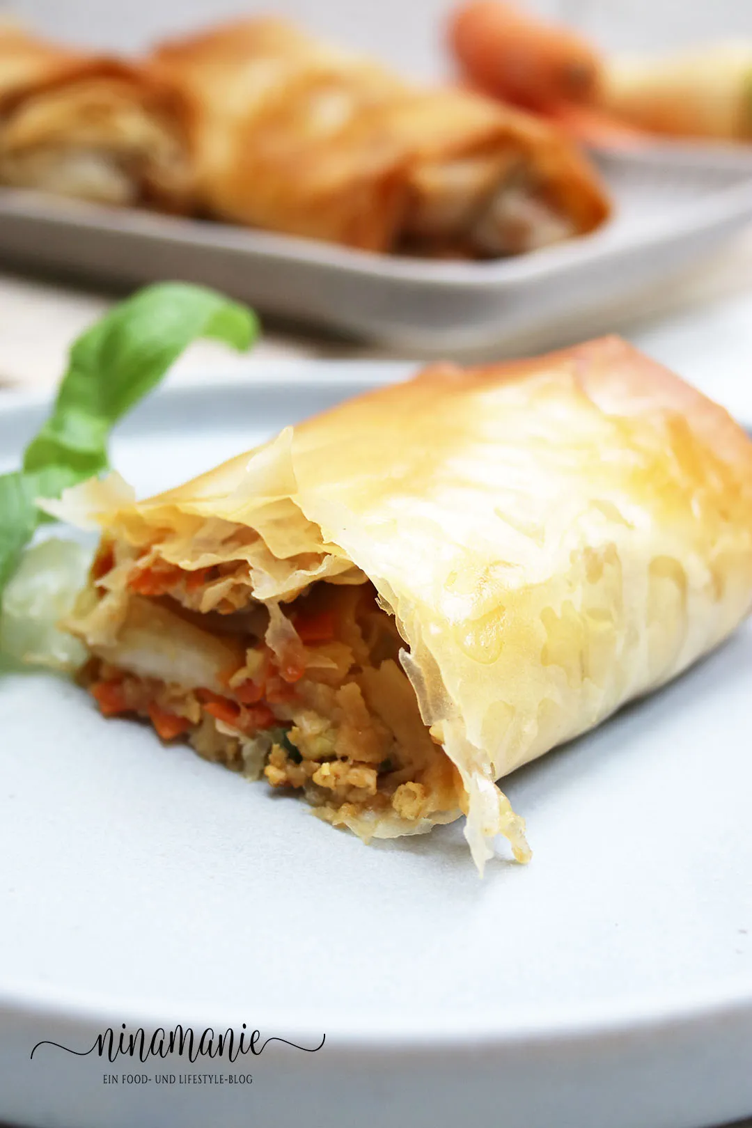 Ein Stück des goldbraunen Gemüsestrudels auf einem Teller, serviert mit frischem Salat