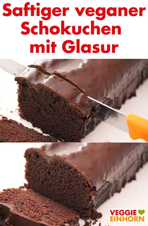 Ein Stück saftiger veganer Schokoladenkuchen mit Glasur auf einem Teller