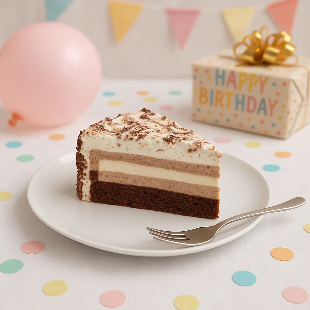 Ein Stück Schoko-Sahnetorte auf einem weißen Teller mit Kuchengabel, im Hintergrund bunte Ballons, Girlanden und brennende Kerzen – festliche Szene, ideal für Geburtstage