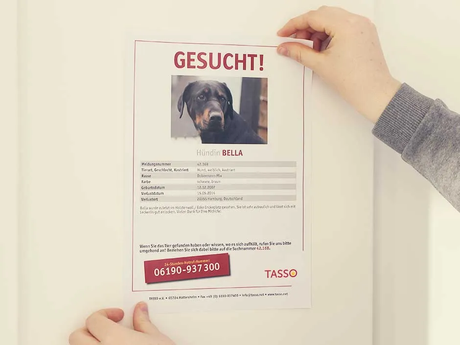Ein TASSO-Suchplakat für ein vermisstes Tier wird an einer Wand befestigt