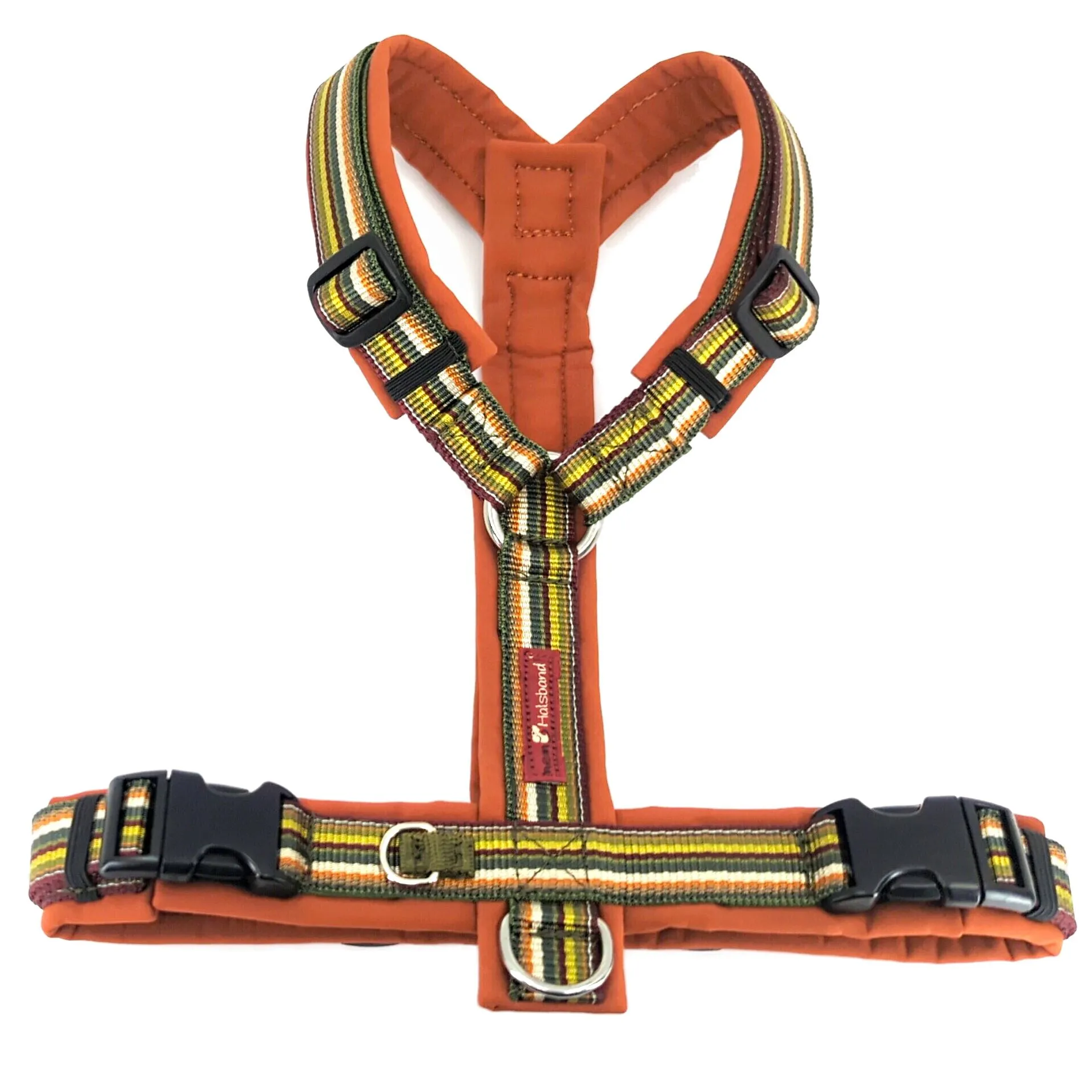 Ein Vario-Geschirr in Olive und Rostfarben, das Vielseitigkeit und Anpassbarkeit für kleine Hunde symbolisiert