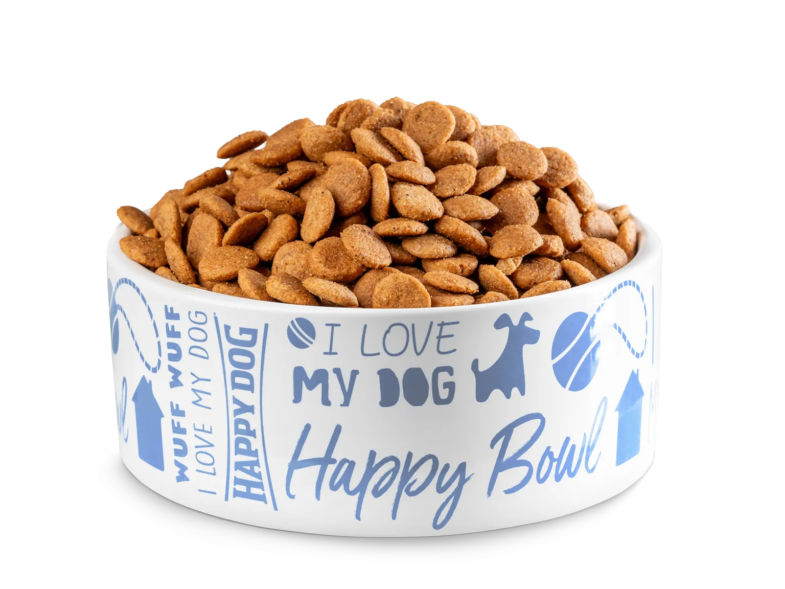 Ein weißer Napf mit blauer Aufschrift steht bereit, um gefüllt zu werden und symbolisiert gesunde Hundeernährung.