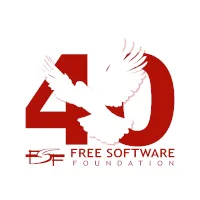 Ein weißer Vogel fliegt über einer roten "40" und dem FSF-Logo, das Freiheit symbolisiert.