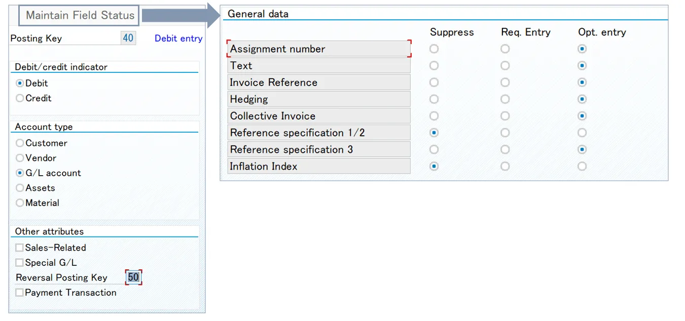 Ein weiterer Screenshot zeigt die detaillierten Einstellungen eines spezifischen Buchungsschlüssels, einschließlich Soll/Haben-Kennzeichen und Feldstatusgruppen