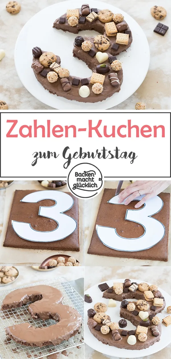 Ein wunderschön verzierter Number Cake mit Schokoladenglasur und einer Fülle bunter Süßigkeiten, von oben betrachtet.