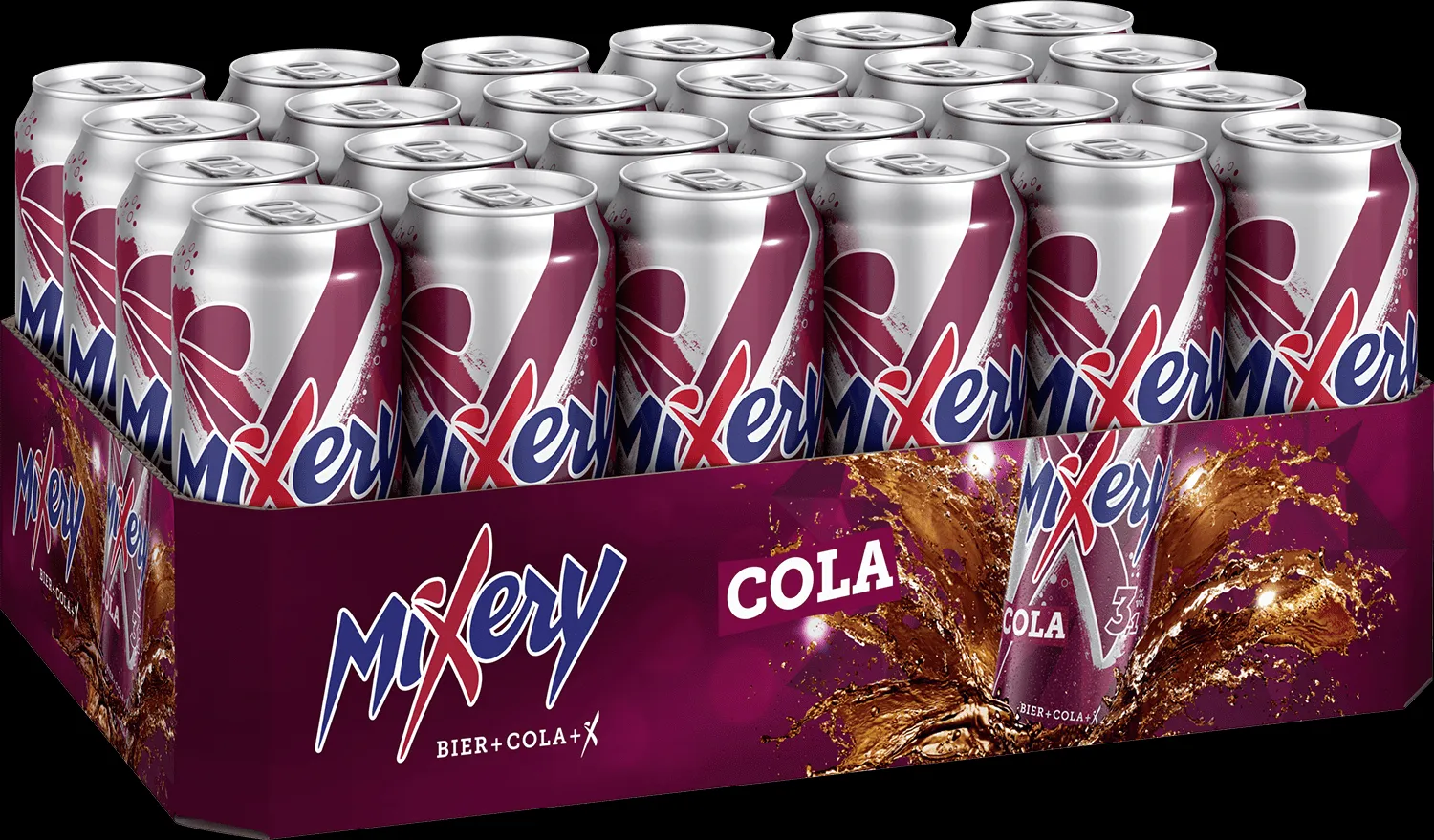 Eine 24er-Packung Mixery Bier/Cola Dosen, ideal für Partys und größere Veranstaltungen