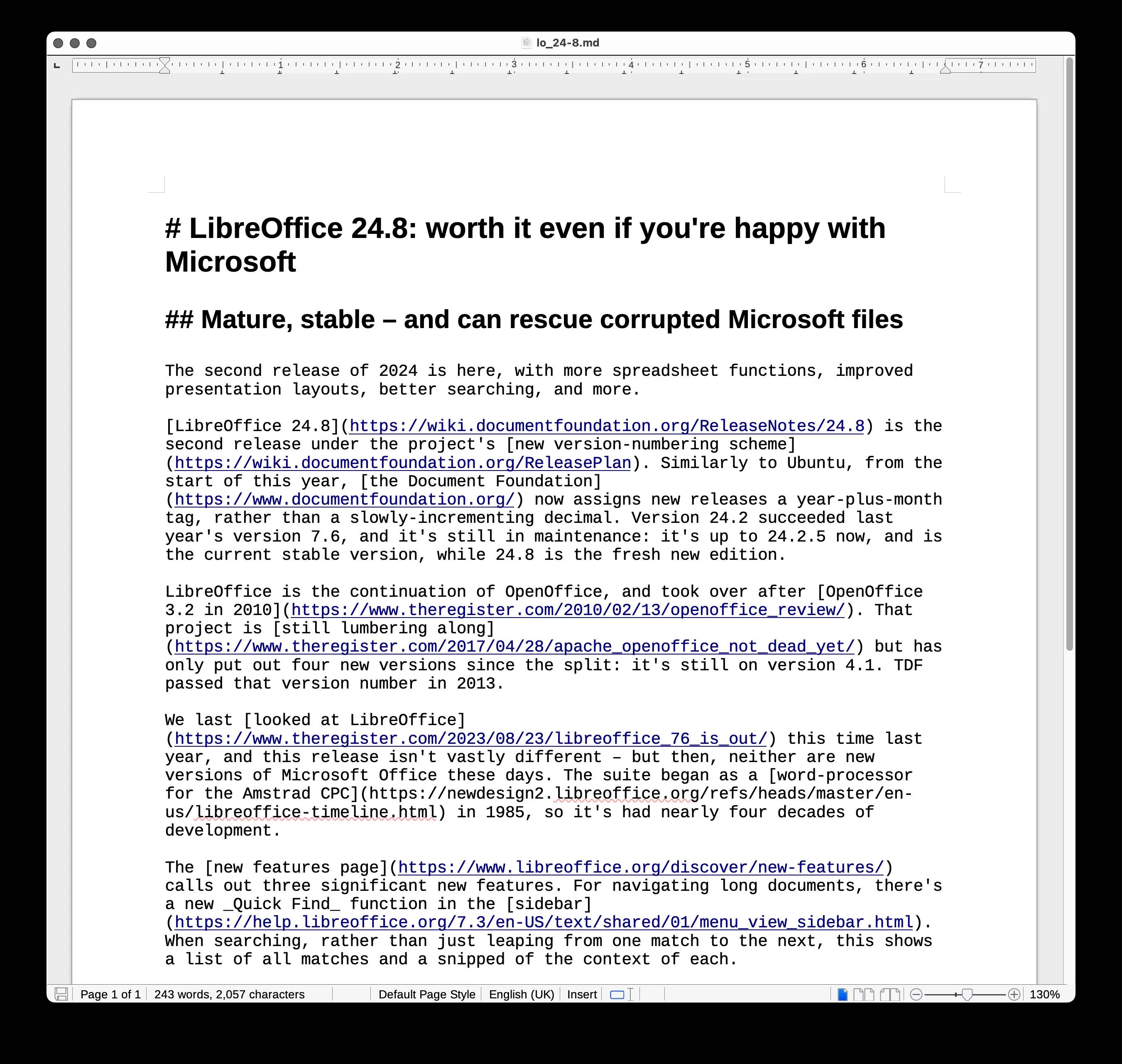 Eine aufgeräumte Ansicht: Das Reg FOSS-Büro bevorzugt Minimalismus und deaktiviert alle Symbolleisten für ein klares, übersichtliches Erscheinungsbild