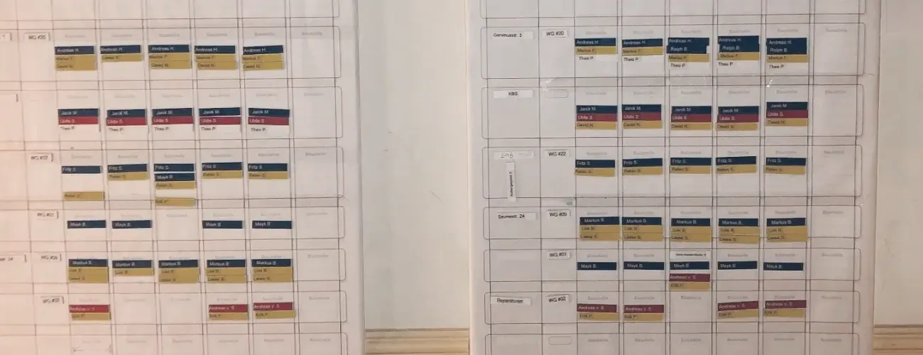 Eine chaotische, handschriftliche Plantafel mit vielen Zetteln