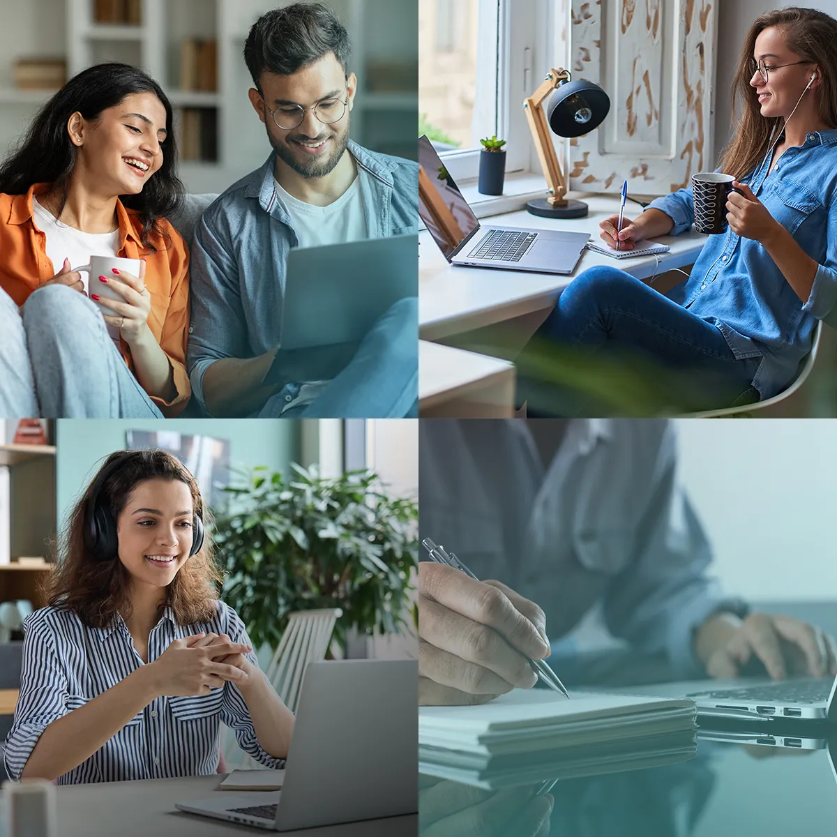 Eine Collage aus verschiedenen Bildern, die E-Learning von zuhause zeigen, darunter ein Laptop mit Diagrammen, ein Kalender und Lernmaterialien.