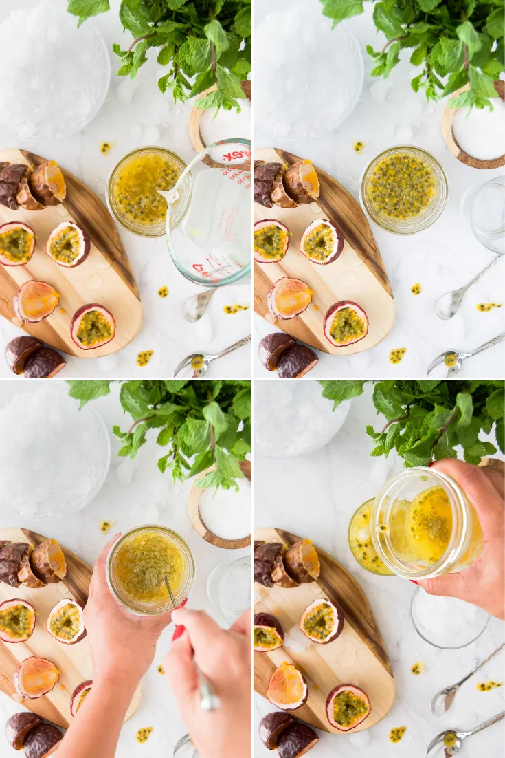 Eine Collage demonstriert das Mixen einer Caipirinha de Maracuja