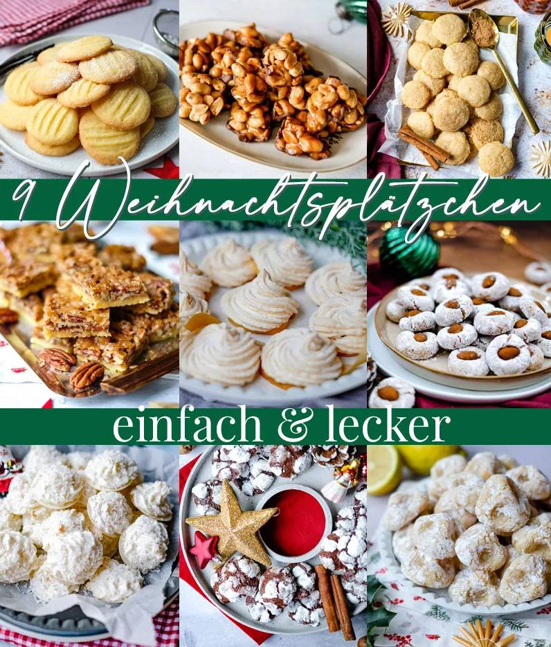 Eine Collage von 9 einfachen und leckeren Weihnachtsplätzchen von waseigenes.com, ideal für festliche Backinspiration.