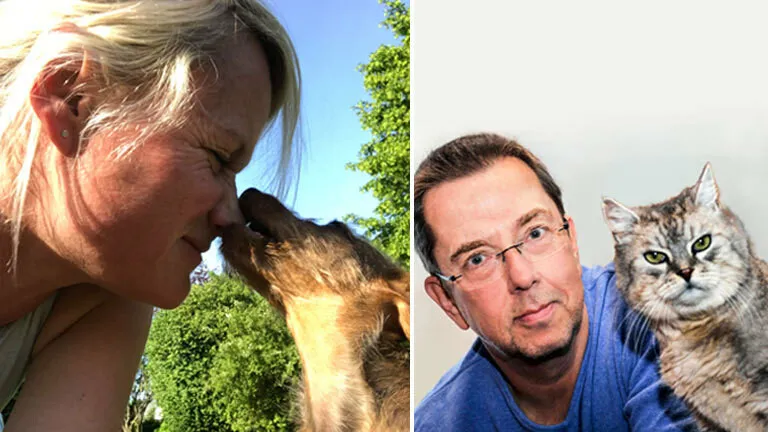 Eine Collage zeigt Steffi Orbach mit ihrem Hund Toni und Mario Ludwig mit seinem Kater, symbolisch für die Debatte um Katzen- und Hundeintelligenz.