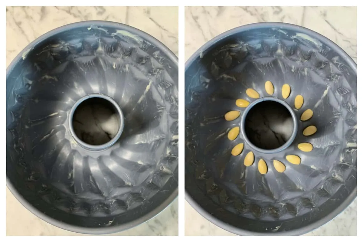 Eine detaillierte Ansicht des Bodens einer Gugelhupf-Form, sorgfältig mit Butter bestrichen und mit ganzen Mandeln ausgelegt