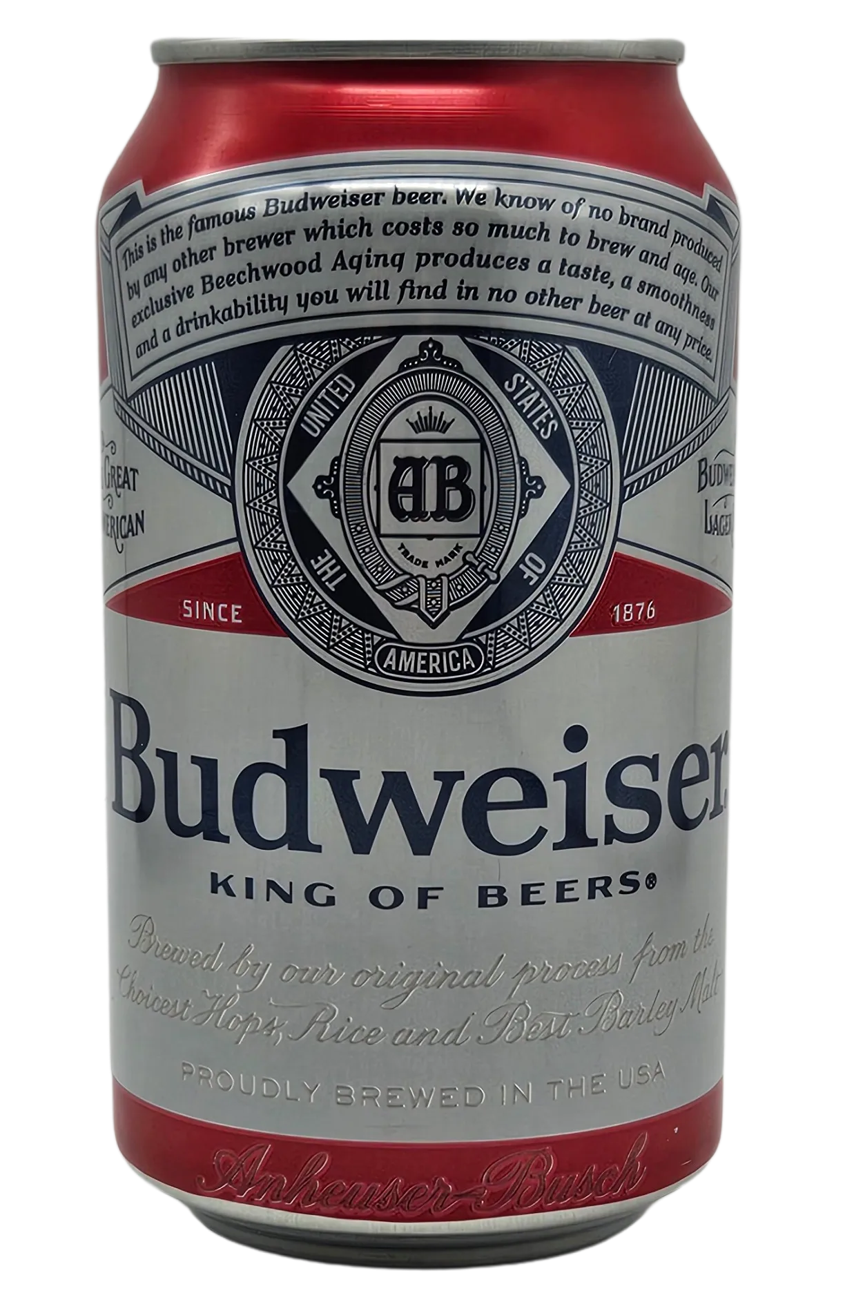 Eine eisgekühlte Dose Budweiser Bier mit Kondenswasser, bereit zum Genuss