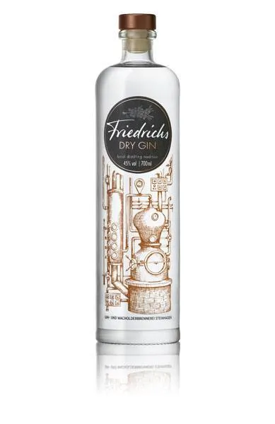 Eine Flasche Friedrichs Dry Gin, ideal zum Mischen mit Basilikum-Getränken